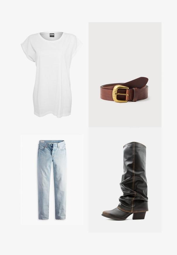 Weißes T-Shirt mit kurzen Ärmeln aus Baumwolle, das einen lässigen Schnitt, einen weiten Ausschnitt und ein minimalistisches Design ohne Muster oder Akzente aufweist.; Hellblaue Jeans aus Denim mit geradem Bein, fünf Taschen und Metallknöpfen am Standardbund.; Hoher schwarzer Lederstiefel mit braunen Akzenten, spitzer Zehenform und gestapeltem Absatz vor schlichtem weißem Hintergrund.; Brauner Ledergürtel, zusammengerollt mit einer polierten goldfarbenen Metallschnalle mit eingravierten Linien.