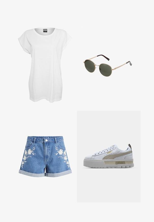 Camiseta blanca de manga corta hecha de algodón, con un corte relajado, cuello ancho y un diseño minimalista sin patrones ni adornos.; Pantalones cortos vaqueros azules con puños doblados y bordado floral blanco en ambos lados delanteros, con trabillas para cinturón y bolsillos delanteros.; Zapatilla blanca con una prominente franja beige, suela gris gruesa y detalles en dorado. Presenta cordones redondos y una lengüeta texturizada con el logo.; Gafas de sol redondas con montura metálica dorada y lentes verde oscuro. Las varillas presentan un diseño de carey para añadir un detalle extra.