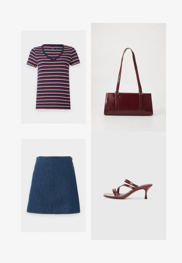 T-shirt bleu marine à col en V, manches courtes, avec des rayures horizontales blanches, rouges et bleu clair.; Mini-jupe en denim bleu foncé avec une forme simple en ligne A et des coutures visibles le long de l'ourlet et de la taille.; Sandales à talons hauts en cuir verni bourgogne avec un bout carré, deux fines lanières et une boucle dorée décorative sur le côté.; Sac à main bordeaux en matériau brillant, de forme rectangulaire, avec deux anses et des accents légèrement courbés à l'avant.