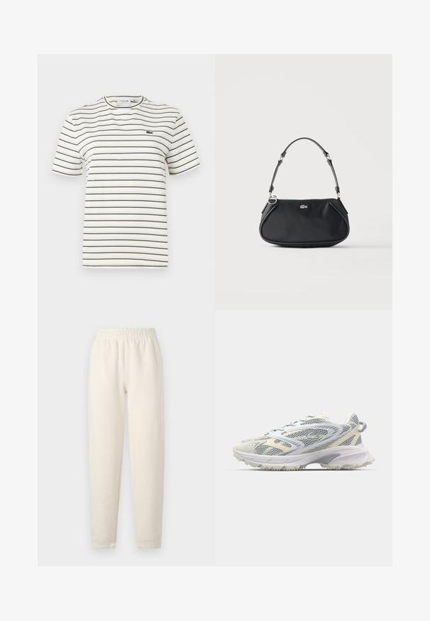 T-shirt rayé blanc avec de fines lignes vert olive. Il présente un col rond, des manches courtes et un petit logo Lacoste sur la poitrine.; Pantalons de survêtement de couleur crème en tissu doux. Dotés d'une taille élastique et d'un design avec des jambes fuselées, avec de subtils détails de couture.; Chaussure de sport en mesh gris et crème, avec une tige texturée, un embout renforcé et une semelle extérieure robuste de couleur claire pour une bonne adhérence.; Sac d'épaule noir avec sangle réglable, fermeture éclair et petit logo crocodile argenté au centre devant.