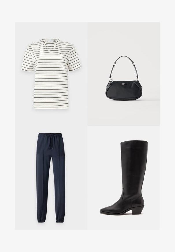 T-shirt rayé blanc avec de fines lignes vert olive. Il présente un col rond, des manches courtes et un petit logo Lacoste sur la poitrine.; Pantalons jogger bleu marine en tissu lisse et léger ; dotés d'une taille élastique avec cordon de serrage et de chevilles resserrées.; Botte en cuir noire mi-mollet avec un bout pointu et un talon bas incliné sur un fond clair uni.; Sac d'épaule noir avec sangle réglable, fermeture éclair et petit logo crocodile argenté au centre devant.