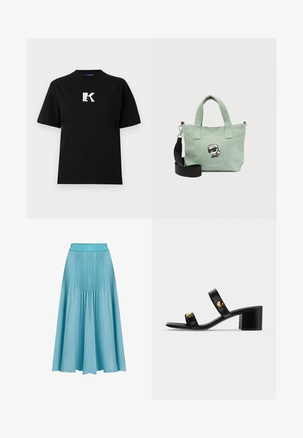 Karl Lagerfeld Jeans LOGO TEE - Základné tričko - black; Plisovaná midi sukňa v svetlom modrom odtieni. Má široký pás, splývavý tvar a vertikálne plisovanie, ktoré pridáva textúru a pohyb.; Čierna kožená sandála s otvorenou špičkou a dvoma remienkami s pozlátenými kruhovými ozdobami a hrubým podpätkom na svetlom jednofarebnom pozadí.; Malá svetlozelená taška s dvoma rúčkami, odnímateľným čiernym ramenným popruhom a kresleným logom osoby v slnečných okuliaroch.