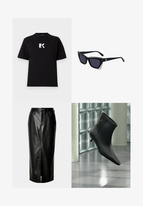Karl Lagerfeld Jeans LOGO TEE - Camiseta básica - black; Falda midi de cuero negro con corte recto, abertura frontal y diseño clásico de cinco bolsillos con acentos de hardware metálico.; Botín negro de cuero con punta puntiaguda y tacón bajo estilo kitten, mostrado en ángulo sobre un suelo pulido y con una pared de bloques de vidrio de fondo.; Gafas de sol negras de gran tamaño con una forma geométrica, que presentan lentes oscuros y un detalle gris contrastante en la montura. Logo en la pata.