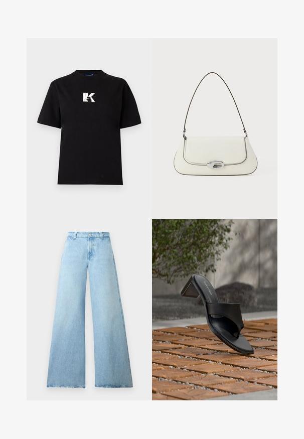 Karl Lagerfeld Jeans LOGO TEE - T-paita - black; Vaalean siniset leveälahkeiset farkut, joissa on korkea vyötärö, napin kiinnitys ja viisi taskua. Sujuva tekstuuri ja rento siluetti.; Musta Calvin Kleinin korkokengäsandaali varvassilmukalla, puisella laattalattialla ulkona, lähellä puuta ja kiviseinää.; Valkoinen nahkalaukku, jossa on kaareva muotoilu, kontrastivärinen musta ompelu ja hopeinen kiinnityskohde, jossa on Calvin Kleinin logo.