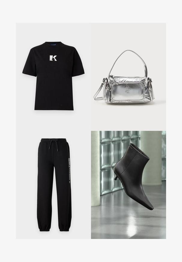 Karl Lagerfeld Jeans LOGO TEE - T-shirts basic - black; Sorte sweatpants med elastisk talje, justerbar snor og tætsiddende manchetter. Har et hvidt logo trykt på venstre side.; Sort læderankelstøvle med spids tå og lille hæl vist mod en væg af glasblokke og poleret gulv baggrund.; Metallic sølv håndtaske med rektangulær form, toplynlås og frontlomme. Har en kort håndtag og justerbar rem. Struktureret overflade.