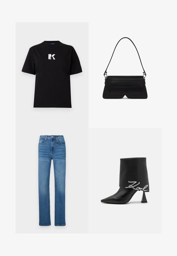 Karl Lagerfeld Jeans LOGO TEE - Lihtne T-särk - black; Sinine teksapüksid sirge lõikega, nupuga ja tõmblukuga sulgemine, viis taskut ning kerge tuhmumine jalgade külgedel.; Mustast nahast pahkluu saabas tippkõrgusega plokkkanal, terava nina ja volditud ülapoolega, millel on hõbedane "Zaul" logo detail.; Mustast trapetsikujulisest õlakotist lukuga, esiküljel reljeefne logo ning üks õhuke rihm, mis on kinnitatud hõbedast rõngastega.