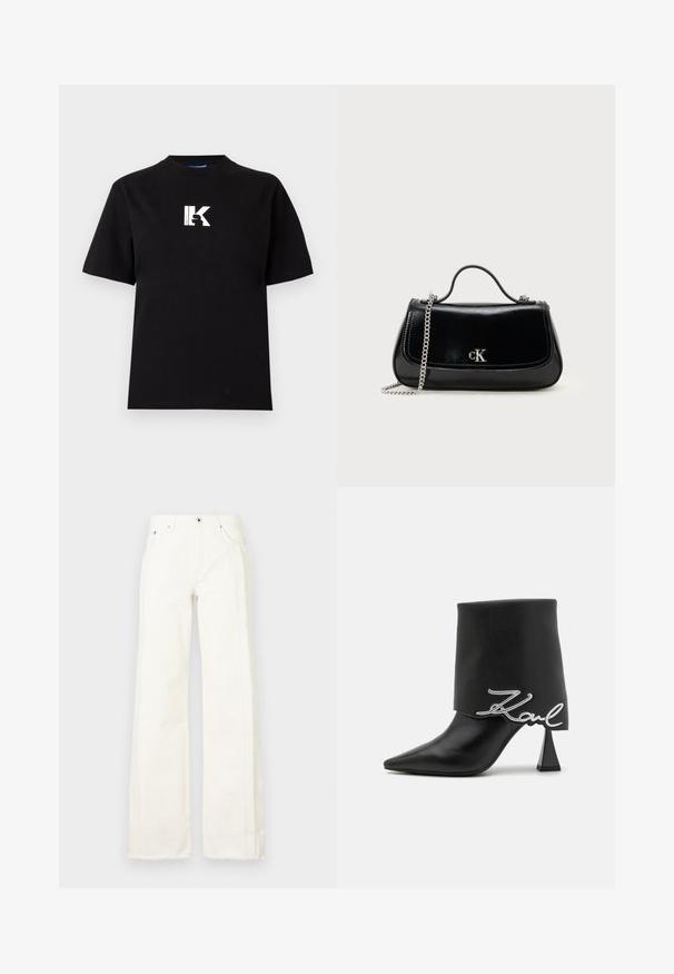 Karl Lagerfeld Jeans LOGO TEE - Základné tričko - black; Biele široké džínsy vyrobené z denimu, so strapatými okrajmi po stranách, prednými vreckami a klasickým zapínaním na gombík a zips.; Čierna kožená členková čižma s špicatou špičkou, vysokým hrubým podpätkom a preloženým vrchom s detailom strieborného loga "Zaul".; Čierna kožená kabelka s reťazovou rukoväťou, pevný tvar a strieborný akcent s logom. Hladký povrch s klapkovým uzatváraním.