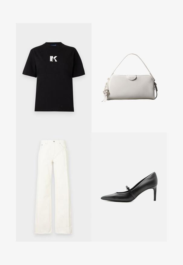Karl Lagerfeld Jeans LOGO TEE - Lihtne T-särk - black; Valged laiad jeanid, mis on valmistatud denimist, fraktsioneerivate servadega külgedel, ees olevate taskutega ja klassikalise nupuga ning tõmblukuga kinnitusega.; Mustast nahast terava varbaga kõrge kontsaga king, millel on peen rihm ja pandlaga üle jala pealse, seisab neutraalsel heledal taustal.; Valge ristkülikukujuline Calvin Kleini käekott ühe käepidemega, minimalistliku disainiga ja dekoratiivsete tutikestega, mille küljes on geomeetrilise metallist ripats.