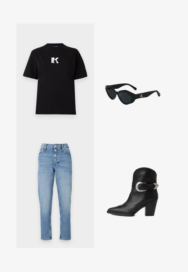 Karl Lagerfeld Jeans LOGO TEE - T-paita - black; Kapelevat farkut vaaleansinisestä denimistä, joissa on korkea vyötärö, viisi nappia, ja suora lahje, jossa on minimaalista haalistumista.; Mustat nahka nilkkurit, joissa on teräväkkinen kärki, paksu korko ja leveä hihna, jossa on pyöreä hopeinen solki sivulla. Sileä pinta.; Mustat kissankorvasuojat, joissa on kiiltävä pinta, tummat linssit ja "cK"-logo tempussa. Kulmikas muotoilu ja paksut kehykset.