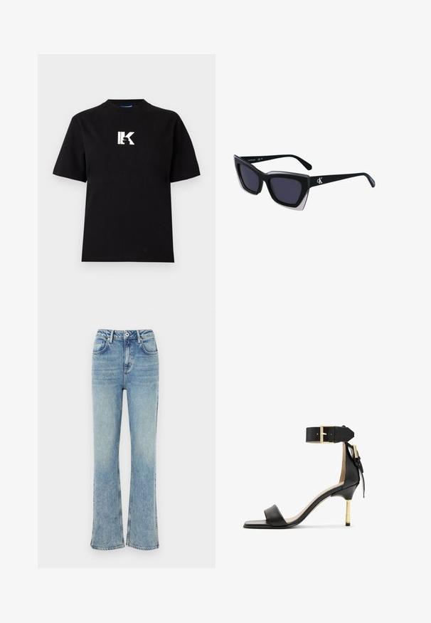 Karl Lagerfeld Jeans LOGO TEE - Základné tričko - black; Svetlomodré zvonové džínsy vyrobené z denimu, s gombíkovým zapínaním, piatimi vreckami a jemným vyblednutím pre opotrebovaný vzhľad.; Čierne kožené sandále na podpätku so štvorcovou špičkou, remienkom okolo členka s zlatou sponou a štíhlym kovovým podpätkom. Hladká textúra, minimalistický dizajn.; Čierne oversized slnečné okuliare s geometrickým tvarom, s tmavými šošovkami a kontrastným šedým detailom na ráme. Logo na mostíku.