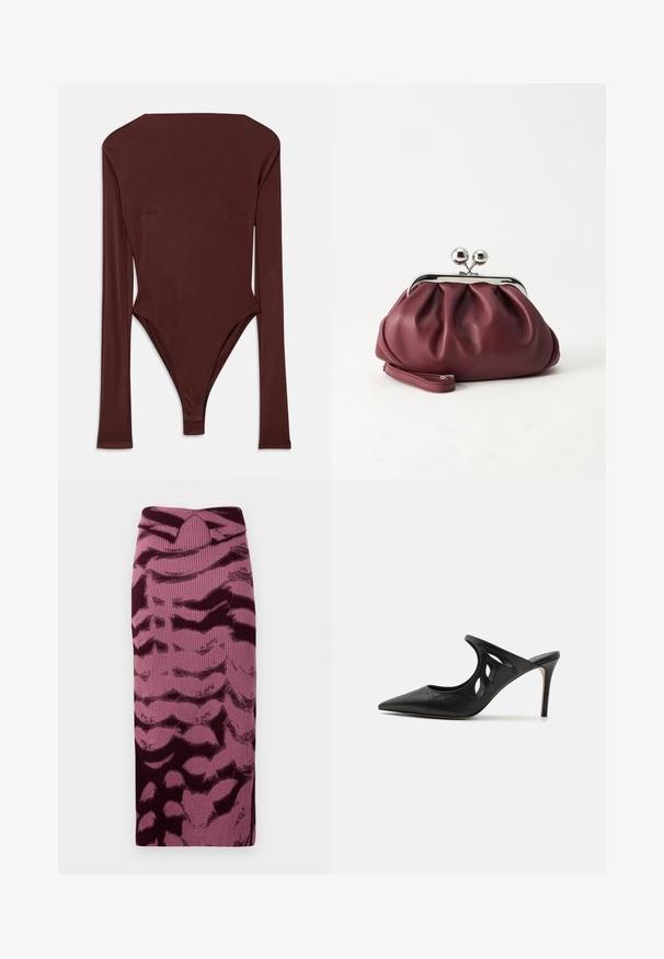 Mørkebrun langærmet bodystocking med høj halsudskæring og tætsiddende silhuet, lagt fladt på en hvid baggrund.; Strikket blyantskirt i nuancer af pink og burgunder, med ribbet tekstur og abstrakt mønster. Høj talje med en subtil vridning.; Sorte læder højhælede mules med spids tå, udskåret sideskærm og glat tekstur. Stiletthæl og subtil syning.; Lille bordeauxlæder clutch-pung med sølv metal lukning og håndledsrem på hvid baggrund.