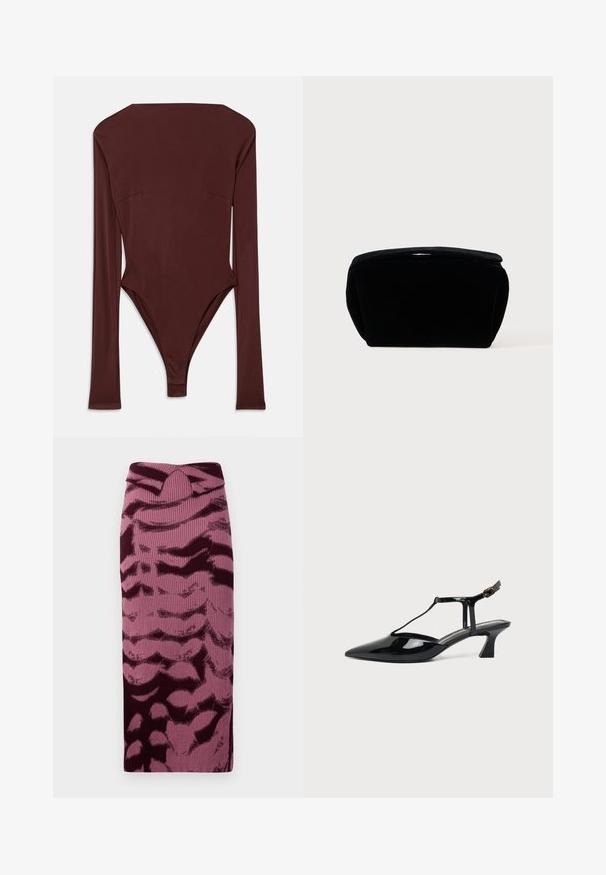Donkerbruin langemouwen bodysuit met hoge halslijn en getailleerde pasvorm, plat op een witte achtergrond gelegd.; Brede gebreide kokerrok in roze en bordeaux tinten, met een geribbelde textuur en abstract patroon. Hoge taille met een subtiele knoopdetail.; Zwarte pumps van lakleer met spits toelopende neus, T-strap en lage schuine blokhak op witte achtergrond.; Zwarte fluwelen cosmeticatas met een zachte, gestructureerde oppervlakte, ronde bovenkant en ritssluiting. Compact ontwerp, geschikt voor verschillende opbergbehoeften.