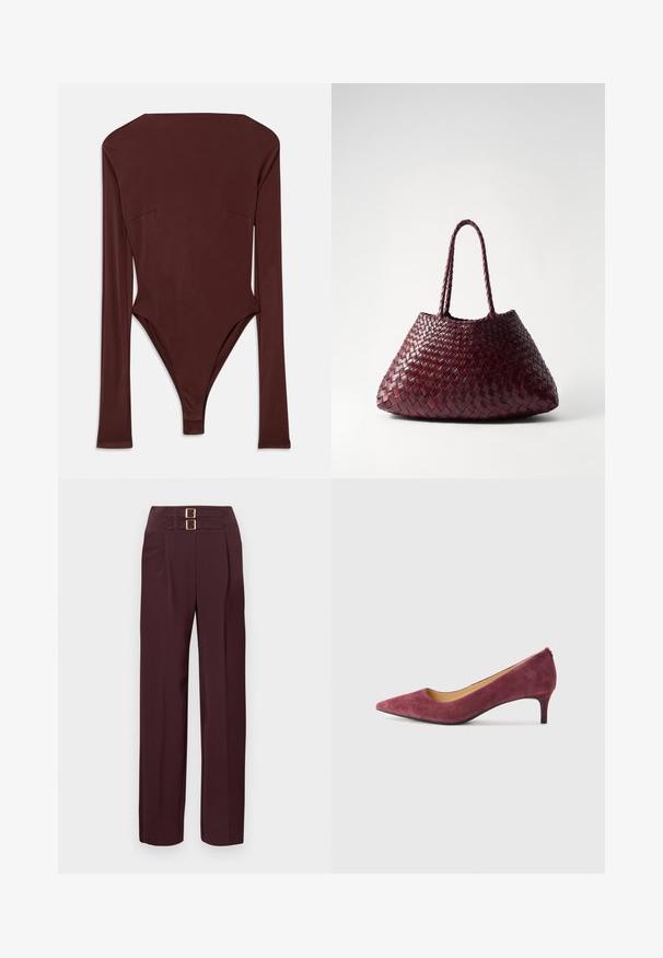 Donkerbruin langemouwen bodysuit met hoge halslijn en getailleerde pasvorm, plat op een witte achtergrond gelegd.; Donkere bordeauxrode broek met hoge taille, twee gouden gespsluitingen aan de bovenkant en een rechte pijp.; Bordeaux suède hoge hak pump met een spitse neus, lage hak en een gladde binnenvoering. Textuur aan de buitenkant en een slank, klassiek ontwerp.; DRAGON DIFFUSION SANTA CROCE BIG - Handtas - bordo