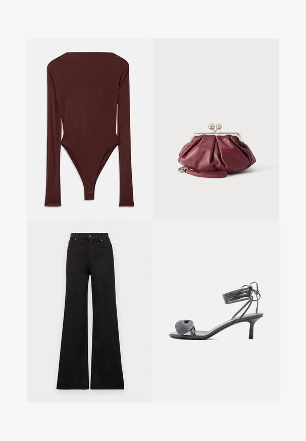 Bodysuit long à manches marron foncé avec un col montant et une silhouette ajustée, posé à plat sur un fond blanc.; Jean flare noir en denim avec taille haute, présentant des poches avant et des garnitures métalliques sur le bouton et les rivets.; Sandale à talon en cuir gris avec une bride nouée sur les orteils et des lacets enroulants autour de la cheville, sur un talon moyen et fin, sur fond blanc.; Petite pochette en cuir bordeaux avec fermoir en métal argenté et bracelet pour poignet sur fond blanc.