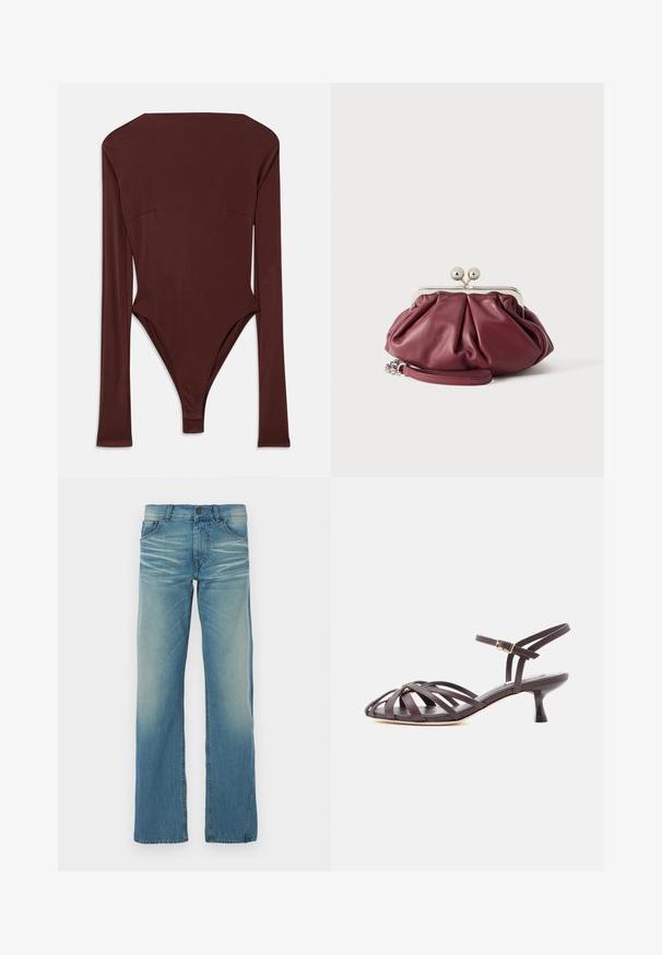 Mørkebrun langærmet bodystocking med høj halsudskæring og tætsiddende silhuet, lagt fladt på en hvid baggrund.; Lyseblå denimjeans med lige ben, blegning, fem lommer og knaplukning. Synlig syning som accent.; Mørkebrun læder sandal med smalle remme, kitten heel og justerbar ankelrem med spænde på hvid baggrund.; Lille bordeaux rød læder clutch-pung med sølv metal lukning og håndledsrem på hvid baggrund.