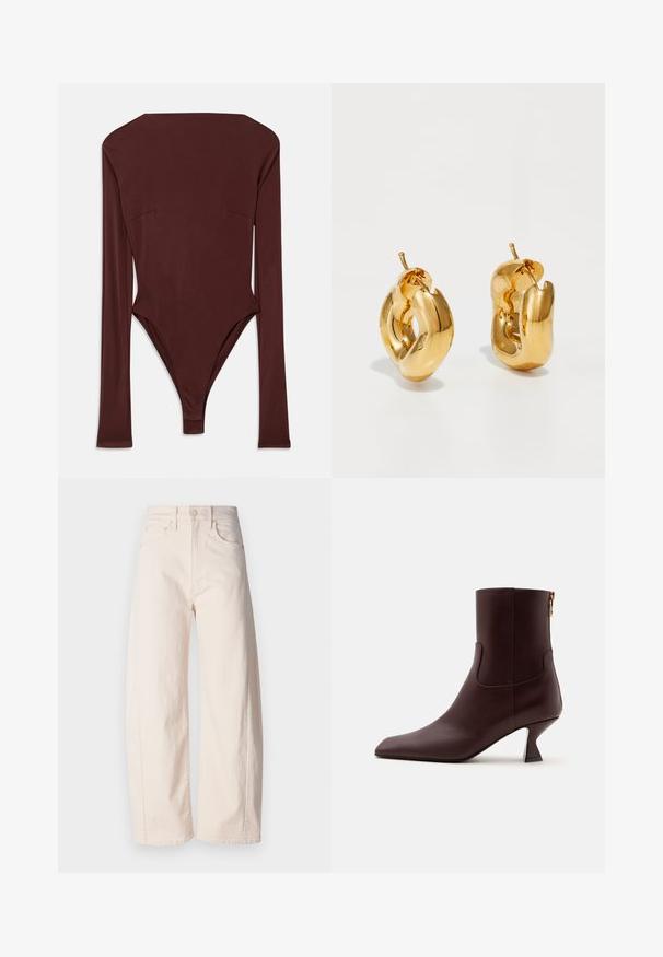 Bodysuit long à manches marron foncé avec un col montant et une silhouette ajustée, posé à plat sur un fond blanc.; Mother THE HALF PIPE ANKLE - Wide Leg - off-white; Bottine en cuir brun foncé avec bout pointu, talon kitten incurvé et fermeture éclair à l'arrière sur un fond clair uni.; Boucles d'oreilles créoles en or massif avec un design tubulaire légèrement tordu et des fermoirs à tige sur un fond blanc.