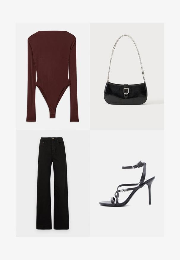 Dunkelbrauner Langarm-Bodysuit mit hohem Kragen und taillierter Silhouette, flach auf einem weißen Hintergrund ausgelegt.; Schwarze weit geschnittene Jeans aus robustem Stoff. Mit einem Frontknopfverschluss, Gürtelschlaufen und zwei vorderen Taschen. Glatte, einheitliche Textur.; Schwarze Sandalette mit hohem Absatz, dünnen Riemen, einem Schnallenverschluss am Knöchel und einem Metall-Logodetail am seitlichen Riemen, vor weißem Hintergrund.; Schwarze Schultertasche aus Lackleder mit silberner Schnalle und silbernem Kettenriemen, auf hellem einfarbigen Hintergrund präsentiert.