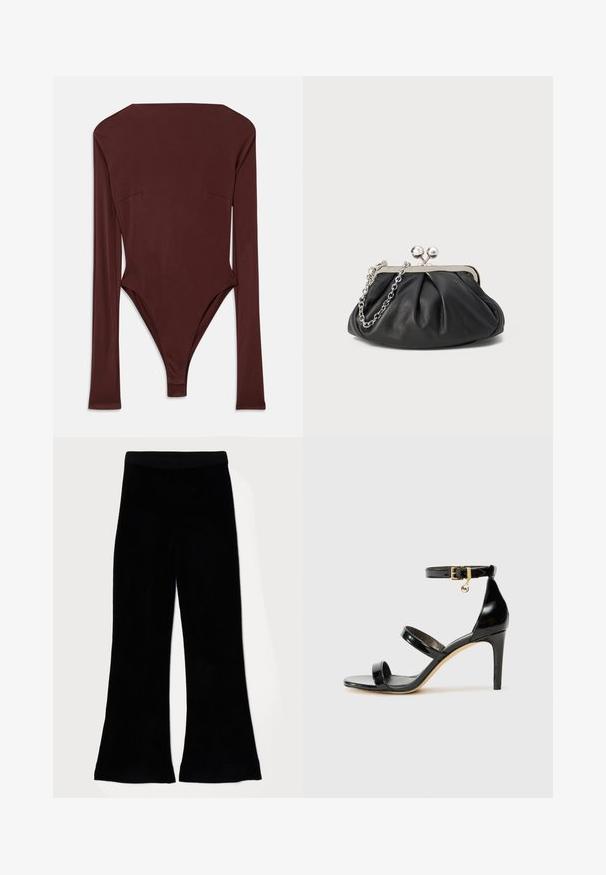 Dunkelbrauner Langarm-Bodysuit mit hohem Kragen und taillierter Silhouette, flach auf einem weißen Hintergrund ausgelegt.; Schwarze, ausgestellte Hose aus weichem, strukturiertem Stoff mit einem glatten Taillenbund. Das Design zeichnet sich durch ein weites Bein und einen gleichmäßigen Saum aus.; Schwarze Lackleder-Sandale mit drei Riemen, Knöchelriemen und 10 cm hohen Stiletto-Absatz. Verfügt über goldfarbene Hardware-Details und ein Logo-Charm.; Schwarze Leder-Clutch mit geraffter Textur, silberfarbener Metallrahmen, Druckverschluss und Kettenriemen. Glatte, weiche Oberfläche.
