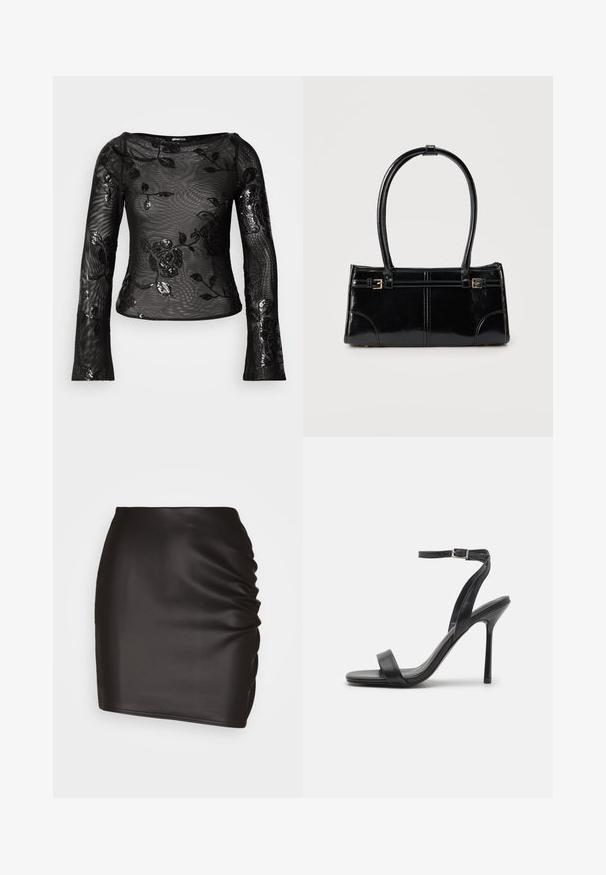 Sort langærmet top i mesh med blomstret broderi og palietter. Har en bred halsudskæring og en tætsiddende silhuet. Tekstureret finish med gennemsigtigt udseende.; Sort mini skirt lavet af glat syntetisk materiale, med rynket detaljer på den ene side og en tætsiddende silhuet.; Sort højhælet sandal med en slank ankelrem og to forreste bånd. Lavet af glat læder med en slank spids tå og stilettohæl.; Glansfuld sort rektangulær håndtaske med to tynde skulderremme og små guldbeslag foran.