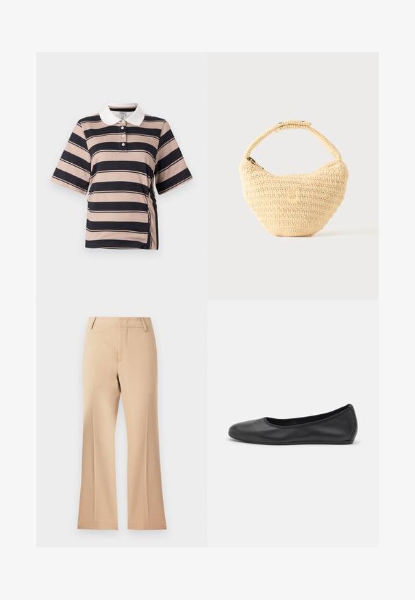 Kortærmet polo-shirt i lys beige med mørkeblå striber, med hvid krave, tre-knaps placket og samlet side-detail.; Beige brede bukser med en glat tekstur, der har en mid-rise talje og rene frontfolder. Simpel design, ingen synlige udsmykninger.; Sort læderballetsko med rund tå, glat tekstur, minimal syning og et fleksibelt såldesign.; Beige vævet håndtaske med afrundet krop, lynlås, og en kort, tyk strop i en enkel, tekstureret hæklestil.