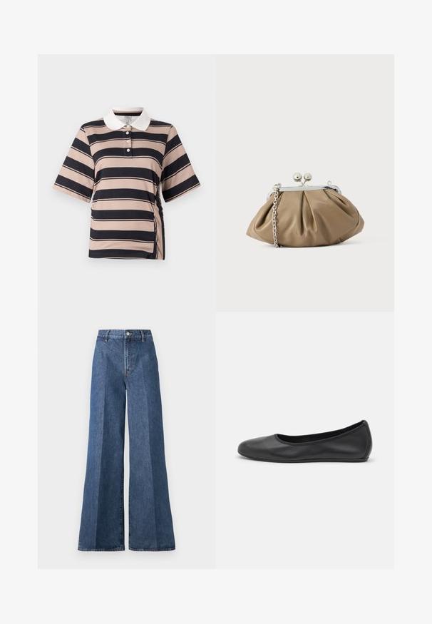 Kortærmet polo-shirt i lys beige med mørkeblå striber, med hvid krave, tre-knaps placket og samlet side-detail.; Bredde ben blå denim jeans med høj talje, med klassisk fem-lomme stil og knaplukning, lavet af struktureret bomstof.; Sort læderballetsko med rund tå, glat tekstur, minimal syning og et fleksibelt såldesign.; Læderclutch i blød beige med afrundet form, plisseret tekstur, sølvfarvet kiss-lock lukning og aftagelig kæderem.