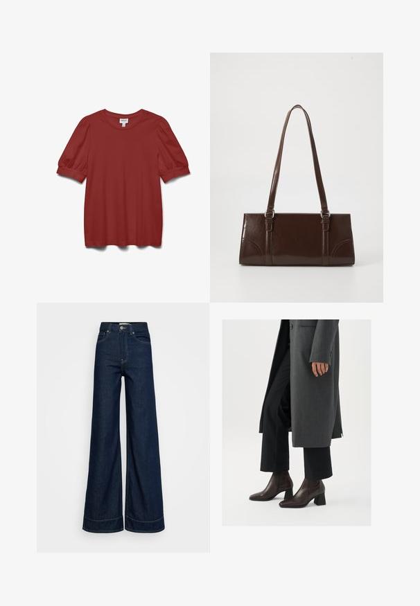 Blouse rouge rouille à manches courtes bouffantes, col rond et détail de poignet ajusté.; Jeans large taille haute bleu foncé avec poches avant, passants de ceinture, fermeture bouton et coutures visibles sur un fond blanc.; Bottines à talons hauts en cuir marron foncé avec un bout pointu et un talon carré, associées à un pantalon noir et un manteau gris.; Sac à main en cuir verni marron de forme rectangulaire, avec deux longues poignées et des accents courbés subtils à l'avant.