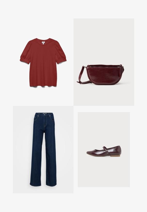 Kurzärmlige Bluse in Rostrot mit Puffärmeln, Rundhalsausschnitt und schmalem Bündchen.; Dunkelblaue High-Waist weit geschnittene Jeans mit vorderen Taschen, Gürtelschlaufen und kontrastierenden Nähten auf einem schlichten hellen Hintergrund.; Glänzender dunkelroter Mary Jane Ballerina mit seitlichem Schnallenriemen und flacher hellbrauner Sohle, aus der linken Seitenansicht vor weißem Hintergrund dargestellt.; Dunkelroter Lederhandtasche in halbmondförmiger Form mit Reißverschluss und abnehmbarem Tragegurt. Glatte Textur mit dezentem Glanz.