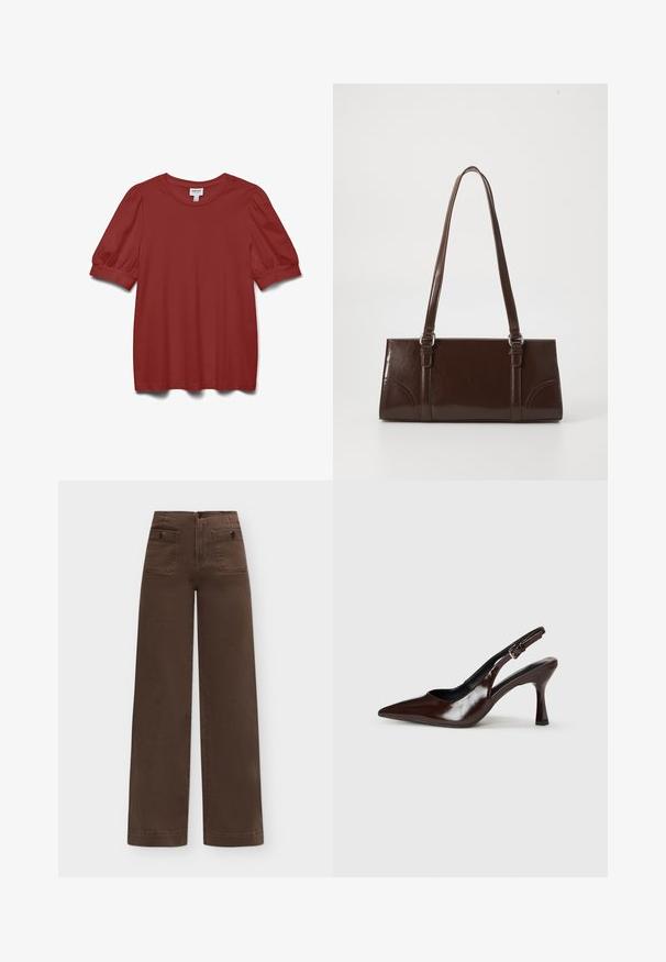 Blouse rouge rouille à manches courtes bouffantes, col rond et détail de poignet ajusté.; Pantalon marron taille haute à jambes larges avec deux poches avant à rabat sécurisées par des boutons sur un fond uni.; Talons slingback en cuir verni brun avec un bout pointu, un talon fin, et une sangle réglable avec une petite boucle.; Sac à main en cuir verni marron de forme rectangulaire, avec deux longues poignées et des accents courbés subtils à l'avant.