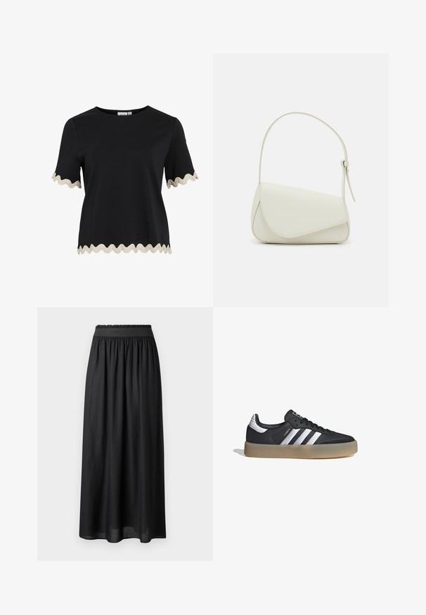 Top negro de manga corta con ribete beige ondulado en las mangas y el dobladillo, con escote redondo y corte recto.; Falda negra de longitud media hecha de tela ligera, con una cinturilla elástica y una silueta fluida de textura suave.; Zapatilla deportiva de cuero negro con tres rayas plateadas, punta texturizada y suela de goma. Cuenta con un collar acolchado y un diseño con cordones.; Bolso de mano de imitación cuero blanco con una forma triangular estructurada, correa ajustable única y cierre con solapa acentuada en curva.