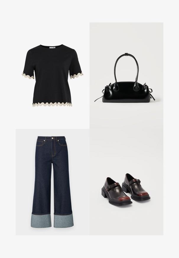 Schwarzes Kurzarm-Top mit beigen, wellenförmigen Besätzen an Ärmeln und Saum, mit rundem Ausschnitt und geradem Schnitt.; Weite Jeans aus dunklem Denim mit einem helleren Denimabschluss. Das Design umfasst Fronttaschen und kontrastierende Nähte.; Leder-Blockabsatzschuhe mit glänzender dunkelburgunderfarbener Oberfläche, ausgestattet mit einem Schnallenriemen und einem runden Zehendesign. Texturierte Außensohle für besseren Grip.; Kleine schwarze glänzende Handtasche mit zwei langen Griffen und seitlichen Kordelzug-Details vor einfachem hellem Hintergrund.