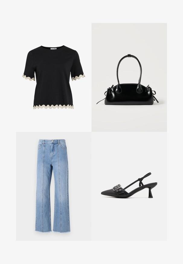 Haut noir à manches courtes avec bordure beige ondulée aux manches et à l’ourlet, avec un col rond et une coupe droite.; Jean large en denim bleu clair avec taille haute, coutures avant et ourlet brut. Présente une fermeture à bouton et à glissière classique à la taille.; Simmi London DALA - Escarpins - black; Petit sac à main noir brillant avec deux longues anses et des détails à cordon sur les côtés sur un fond clair uni.