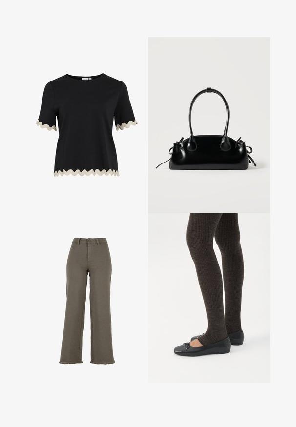 Sort top med korte ærmer med beige bølget trim på ærmer og kant, med rund halsudskæring og lige snit.; Højttaljede olivengrønne vidde bukser med knap- og lynlåslukning, bærestropper og frynsede kanter.; Ben iført mørke ribbede leggings kombineret med sorte balletsko med små sløjfedetaljer på hvid baggrund.; Lille sort blank håndtaske med to lange håndtag og snøre-detaljer i siden på en ensfarvet lys baggrund.