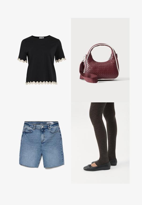 Zwart topje met korte mouwen en beige golvende bies op mouwen en zoom, met een ronde halslijn en een rechte snit.; Lichtblauwe denimshorts met een hoge taille, vijf zakken en een rechte snit. Voorzien van een knoopsluiting en minimale uitscheuring aan de zoom.; Benen met donkere geribbelde leggings gecombineerd met zwarte ballerina's met kleine strikdetails op een witte achtergrond.; Donkerrode geweven leren handtas met gebogen handvat, witte bies, zilveren rits en afneembare brede stoffen schouderriem tegen een effen achtergrond.