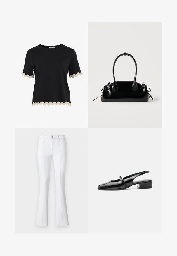 Sort top med korte ærmer med beige bølget trim på ærmer og kant, med rund halsudskæring og lige snit.; Hvide denim flare jeans med høj talje, der har kontrastsyninger, forlommer og lynlås. Glat, holdbart stof med god tekstur.; Sort laklæderslingback-sko med lav blokhæl og tynd rem med sølvspænde over toppen.; Lille sort blank håndtaske med to lange håndtag og snøre-detaljer i siden på en ensfarvet lys baggrund.