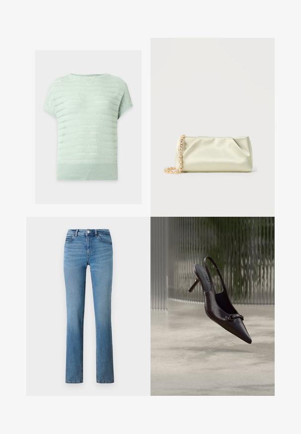 Jersey de punto verde claro de manga corta con un patrón calado a rayas y dobladillo acanalado sobre un fondo liso.; Jeans de mezclilla azul claro con diseño de pierna recta, con cremallera, cierre de botón y bolsillos cosidos en la parte delantera y trasera.; Zapato de tacón alto tipo slingback negro y brillante con punta puntiaguda y una pequeña hebilla decorativa, flotando sobre un suelo de hormigón con un fondo de vidrio texturizado.; Bolso de mano de satén verde claro con cadena de oro y cristales, de forma rectangular con suaves pliegues sobre un fondo liso.