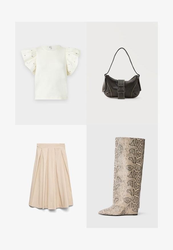 Haut blanc à manches courtes avec manches bouffantes ornées de petits clous brillants, encolure ronde et corps uni.; Jupe midi beige avec taille haute et plis devant, silhouette évasée et tissu lisse.; Bottes hautes à bout pointu dans un motif en serpent beige et noir. Fabriquées en matériau synthétique texturé avec une finition lisse et élégante.; Sac à épaule en cuir noir avec une sangle à boucle, des bords arrondis et des coutures blanches contrastées sur un fond uni.