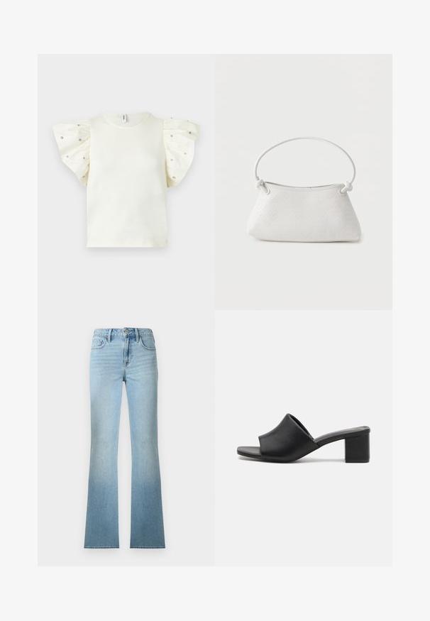 Haut blanc à manches courtes avec manches bouffantes ornées de petits clous brillants, encolure ronde et corps uni.; Jean denim bleu clair taille haute à jambes droites avec poches avant et arrière, fermeture à boutons et passants pour ceinture.; Mules à talons carrés en cuir noir avec un bout ouvert, présentant une surface lisse et un upper légèrement courbé pour le confort et le style.; Sac à main en cuir tressé blanc avec poignée arrondie et extrémités de lanière nouées, présenté sur un fond uni.