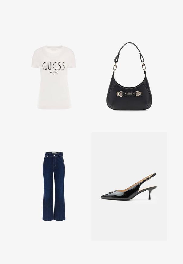 Hvid bomuld t-shirt med korte ærmer, prydet med et fremtrædende sort "GUESS" logo og "EST.1981" trykt nedenunder i sort tekst.; Mørkeblå bredbenede jeans med høj talje, der har knapdetaljer på siderne og en glat denimtekstur.; Sort patentlæder slingback hæl med spids tå, lille kitten hæl og sølvspænde på en ensartet hvid baggrund.; Sort faux læder taske med en buet silhuet, der har sølv hardwaredetaljer og et logo-plade. Justerbar rem til bæring.