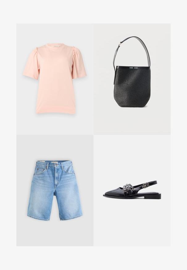 Lyserød kortærmet skjorte med pufærmer og rynket stofdetalje nær halsudskæringen, vist på en ensfarvet baggrund.; Lysblå denimshorts med en afslappet pasform, der har knaplukning, bæltestropper og fem lommer. Glat tekstur med affarvede områder.; Sort læder spaet tå slingback flad med tre spændestropper og sølvhardware på hvid baggrund.; Sort vævet spandtaske med en enkelt justerbar skulderrem og en glat læderkant øverst, mærket "SAMSØE SAMSØE."