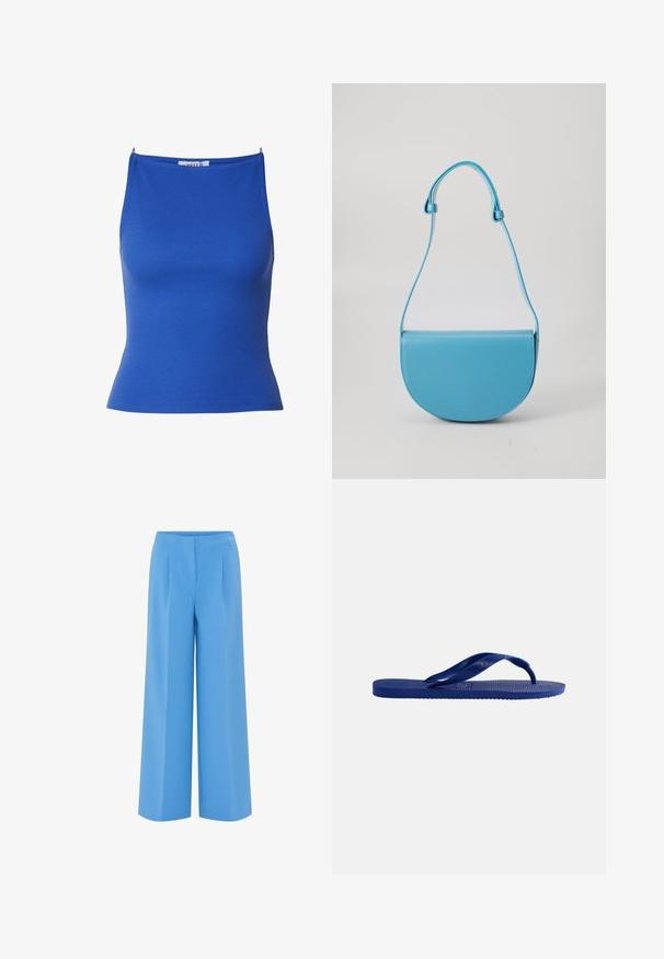 Heldere blauwe geribde mouwloze tanktop met dunne bandjes en een aansluitende taille, getoond op een effen witte achtergrond.; Lange broek met wijde pijpen in effen lichtblauw, gemaakt van een zachte stof. Heeft een hoge taille met plooien, wat zorgt voor een op maat gemaakte, moderne uitstraling.; Enkele blauwe teenslipper met gestructureerde zool en Y-vormige band, zijaanzicht op een effen witte achtergrond.; Blauwe, halve ronde handtas van soepel leer met een enkele verstelbare schouderband en een minimalistisch ontwerp. Het oppervlak is glanzend met schone randen.