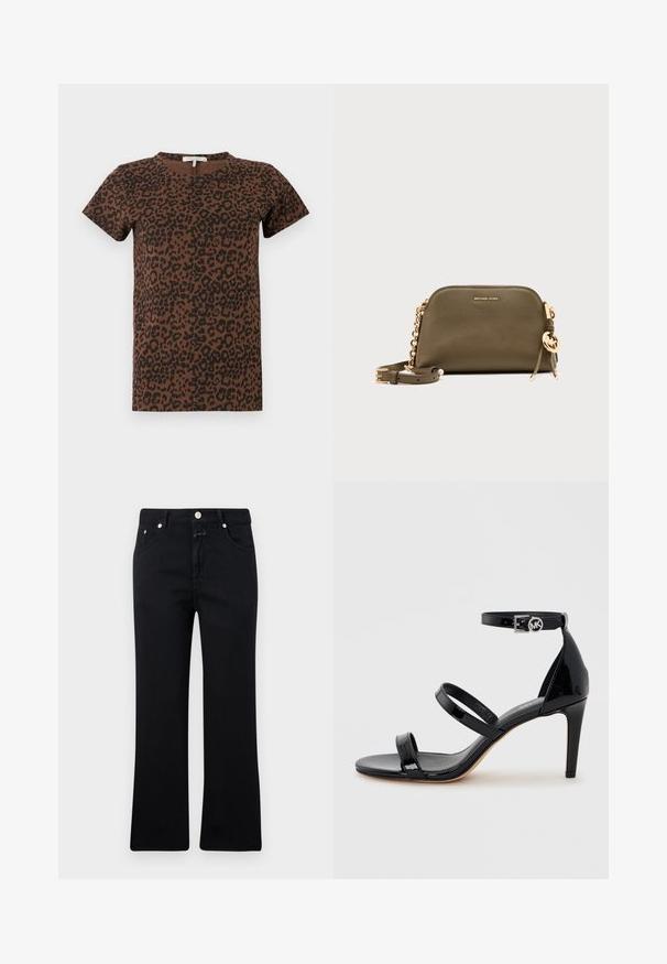 Braunes T-Shirt mit einem schwarzen Leopardenmuster, rundem Ausschnitt, kurzen Ärmeln, aus weichem Stoff, mit lockerem Schnitt und ohne sichtbare Verschlüsse.; Schwarze Jeans mit geradem Bein, im Fünf-Taschen-Stil, mit Metallbeschlägen und einer weichen Denim-Textur. Minimalistisch und einheitlich in der Farbe.; Schwarze Sandale aus Lackleder mit hohem Absatz, drei dünnen Riemen und einem Knöchelriemen mit runder Schnalle.; Olivgrüne Leather-Michael-Kors-Crossbody-Tasche mit goldener Kettenriemen, goldenem Logoanhänger und kleinem geprägtem Markennamen auf der Vorderseite.