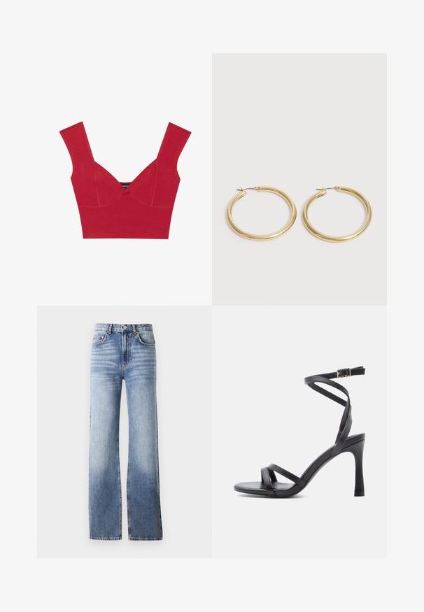 Top corto rojo ajustado con tirantes anchos y escote en forma de V. Hecho de una tela suave y elástica con detalles de costura y sin cierres.; Jeans de mezclilla azul claro con cintura alta, corte de pierna ancha y un desgaste sutil. Presentan un cierre de botón y un diseño de cinco bolsillos.; Sandalias negras de tacón alto con un diseño elegante, que cuentan con dos tiras estrechas sobre los dedos y una correa cruzada en el tobillo con hebilla.; Par de pendientes de aro de oro liso y brillante con postes delgados y cierres con bisagra sobre un fondo claro y sencillo.