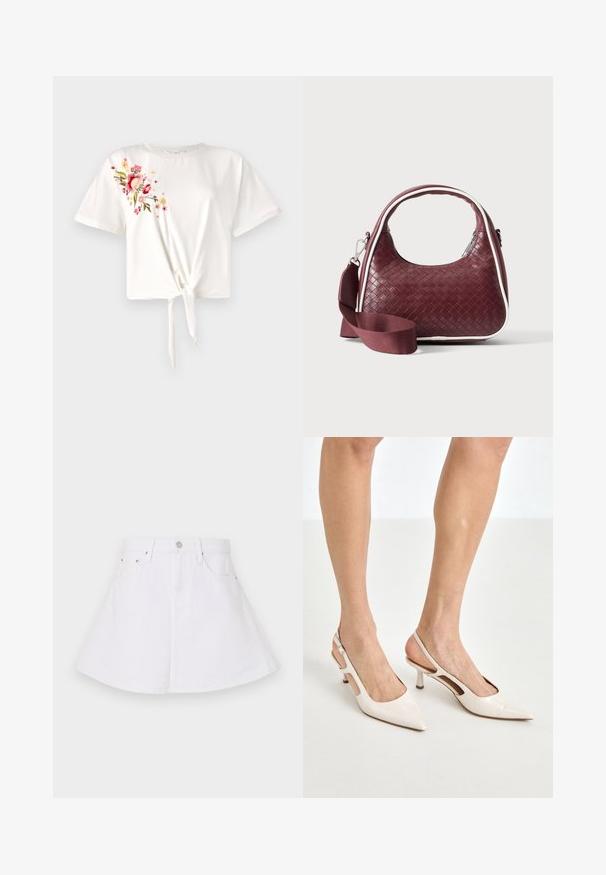 T-shirt blanc à manches courtes avec un devant noué. Présente une broderie florale en rose et jaune sur le côté gauche. Matière en coton doux.; Jupe en denim blanc au design évasé, avec une taille ajustée, cinq poches et une fermeture à bouton à l'avant. Texture lisse.; Escarpins à talon slingback en cuir verni beige avec un bout pointu et un talon de 5 cm, présentant des côtés découpés et une fine bride à la cheville.; Sac à main en cuir tressé marron foncé avec poignée courbée, garniture blanche, fermeture éclair argentée et bandoulière large en tissu amovible sur fond uni.