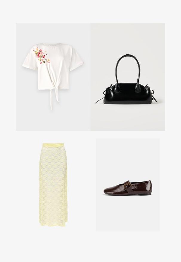 Camiseta blanca de manga corta con un nudo en la parte delantera. Presenta bordados florales en rosa y amarillo en el lado izquierdo. Material de algodón suave.; Falda maxi amarilla de encaje con un patrón ondulado, que cuenta con una cinturilla lisa y una textura suave y translúcida. Diseñada para una silueta ligera y fluida.; Zapato plano de charol marrón oscuro con una gran hebilla dorada y puntera redondeada, mostrado de perfil sobre un fondo blanco.; Pequeño bolso negro brillante con dos asas largas y detalles de cordón lateral sobre un fondo claro liso.