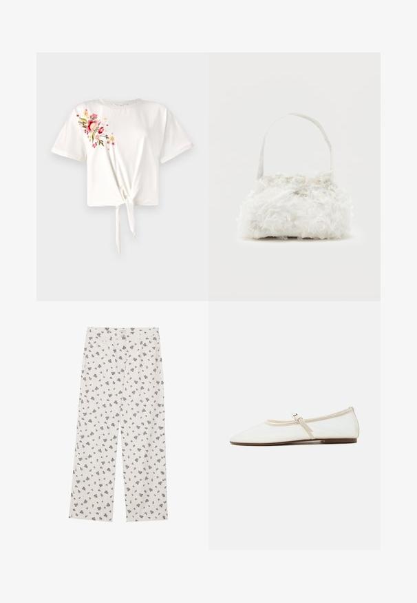 Witte T-shirt met korte mouwen en een geknoopt front. Kenmerkt zich door bloemenbroderie in roze en geel aan de linkerkant. Zacht katoenen materiaal.; Witte stoffen broek met een klein zwart bloemenpatroon, wijde pijpen, en een standaard tailleband met voorzakken.; Witte Mary Jane platte schoen met puntige neus, dun verstelbaar bandje met zilveren gesp en bruine zool op een witte achtergrond.; Kleine witte handtas met stoffen rozen die het geheel bedekken en een dunne, enkele band als handvat, op een effen achtergrond.