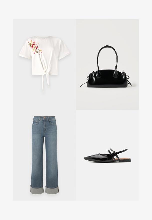 Witte T-shirt met korte mouwen en een geknoopt front. Kenmerkt zich door bloemenbroderie in roze en geel aan de linkerkant. Zacht katoenen materiaal.; Wijdvallende blauwe denim jeans hebben een hoge taille, opgerolde hems met grijze accenten, een vijf-pocket ontwerp en een knoopsluiting aan de voorkant.; Zwarte gepatineerde leren slingback schoenen hebben een spitse neus, twee banden met gespsieraden en een platte zool.; Kleine zwarte glanzende handtas met twee lange hengsels en zijkant trekkoord details op een effen lichte achtergrond.