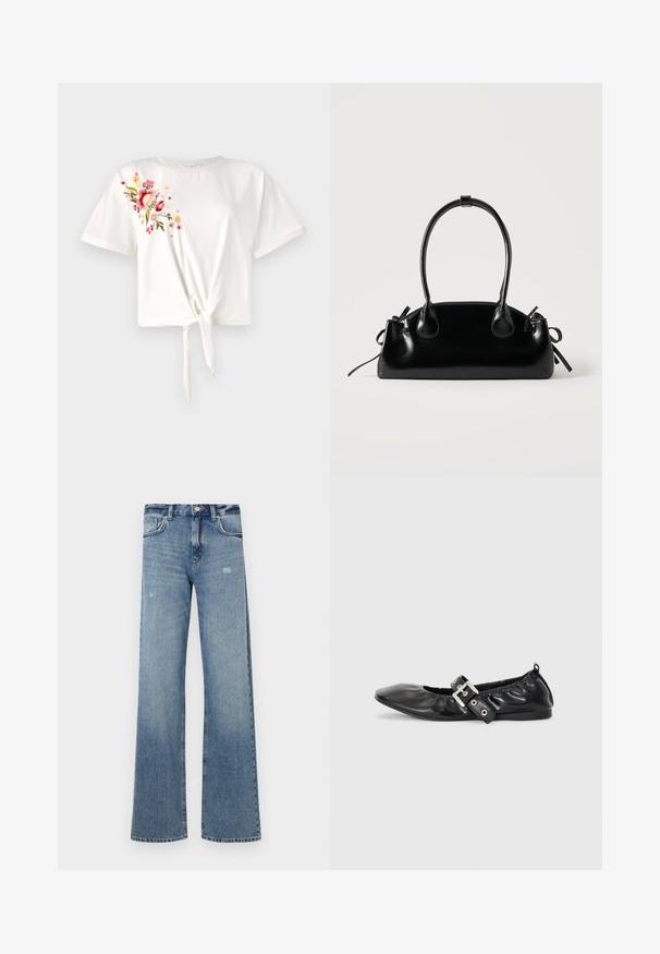 Camiseta blanca de manga corta con un nudo en la parte delantera. Presenta bordados florales en rosa y amarillo en el lado izquierdo. Material de algodón suave.; Jeans de mezclilla azul claro con cintura alta, diseño de pierna ancha, ligera desgastación y estructura tradicional de cinco bolsillos.; Zapato plano de piel negra con puntera afilada, detalle fruncido alrededor de la abertura y un acento de hebilla plateada en la correa ajustable.; Pequeño bolso negro brillante con dos asas largas y detalles de cordón lateral sobre un fondo claro liso.