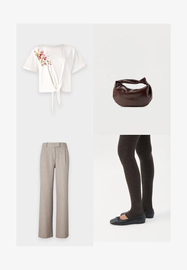 Camiseta blanca de manga corta con un nudo en la parte delantera. Presenta bordados florales en rosa y amarillo en el lado izquierdo. Material de algodón suave.; Pantalones beige a medida de una tela texturizada, con un diseño de pierna recta y plisados en la parte delantera. Sin hardware ni patrones visibles.; Piernas con leggings oscuros acanalados combinados con bailarinas negras que presentan pequeños detalles de lazo sobre un fondo blanco.; Bolso de hombro de cuero marrón oscuro con una forma suave y caída, y un asa con nudo torcido sobre un fondo blanco liso.