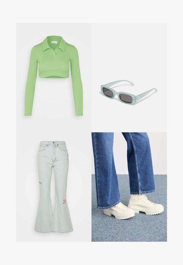 Even&Odd by Zalando Camiseta de manga larga - green; Obey Clothing RORY - Vaqueros a campana - icy wash; Zapatillas deportivas blancas de caña alta con suelas gruesas y estriadas, y detalle de logo circular, combinadas con jeans de mezclilla de pierna ancha en azul claro.; Un par de gafas de sol rectangulares con montura translucida azul clara y lentes gris oscuro, que cuentan con patillas rectas y detalles de hardware mínimos.