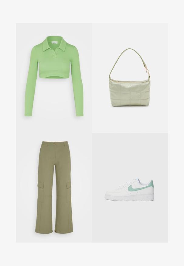 Even&Odd Top s dlhým rukávom - green; Envii PANTS - Kapsáče - deep lichen green; Biele kožené tenisky s mätovo zeleným Nike swooshom a pätkou, štruktúrovanou podrážkou a klasickým viazaním.; Polstrovaná zelená ramenná taška s mäkkou textúrou, obdĺžnikovým tvarom, jedným popruhom a zlatou zipsovou uzáverou. Obsahuje prešívaný vzor.